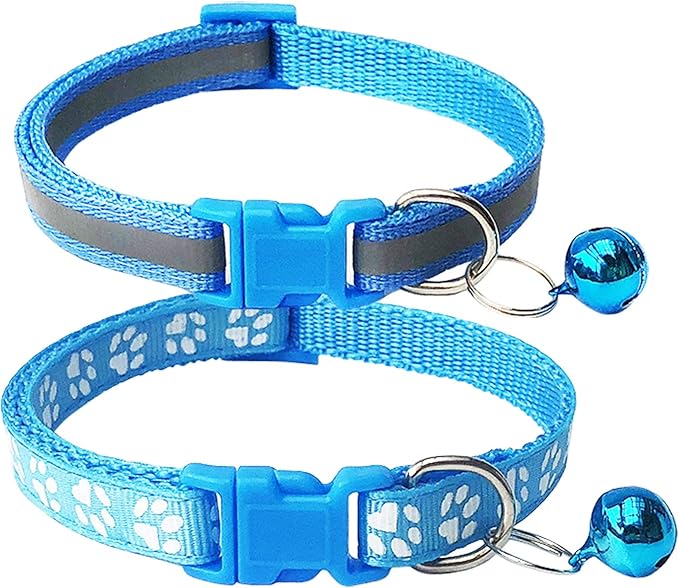 CHBORCHICEN 2-Pack Footprint & Reflective Cat Collar with Bell Basic Dog Cat Collar Buckle Adjustable Polyester Cat Dog Collar or Seatbelts (X-Small, Sky Blue)