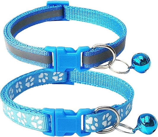 CHBORCHICEN 2-Pack Footprint & Reflective Cat Collar with Bell Basic Dog Cat Collar Buckle Adjustable Polyester Cat Dog Collar or Seatbelts (X-Small, Sky Blue)