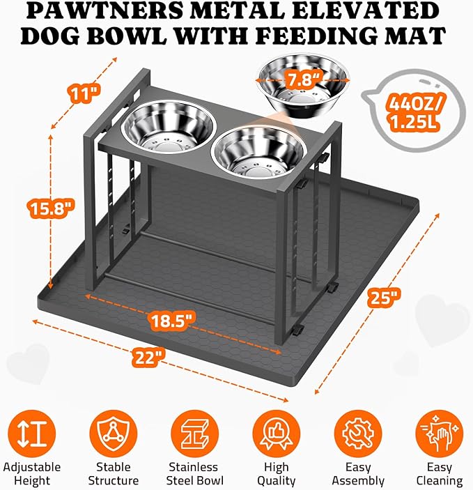 Elevated Bowls for Medium Breed: 4 Height Adjustable Raised Bowl with Metal Stand, Feeder Station with 2 Stainless Steel Bowls for Small Medium and Large Size Dogs, Grey with Feeding Mat
