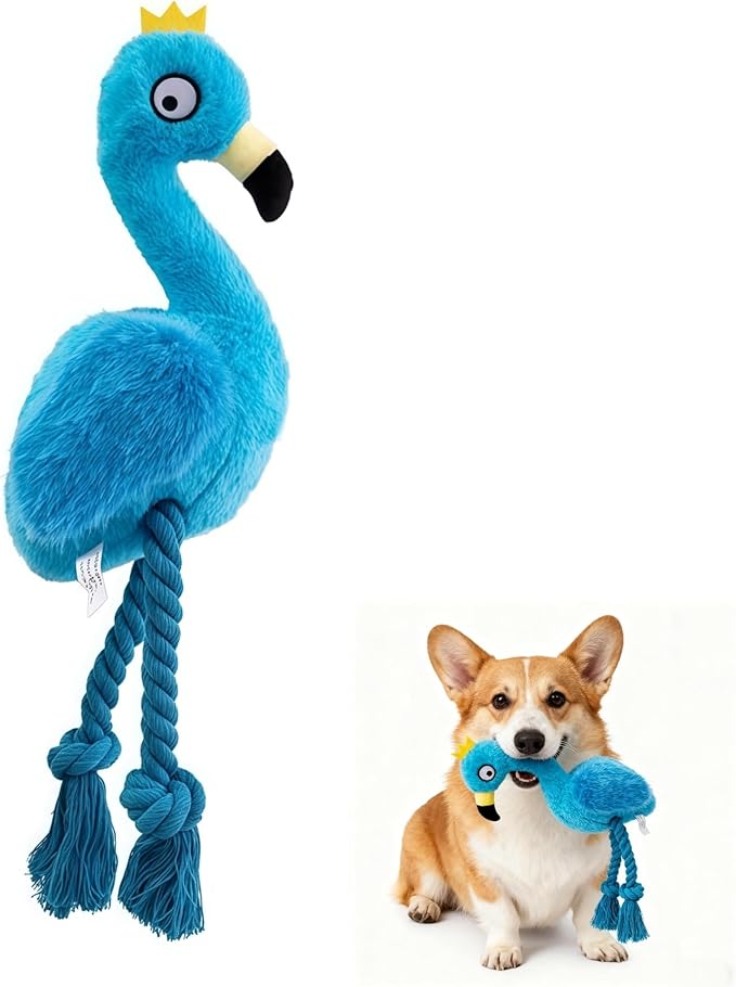 Plush Flamingo Dog Toy, Blue, Squeaky Stuffed Animal with Rope Legs, Interactive Chew Toy for Small, Medium Dogs