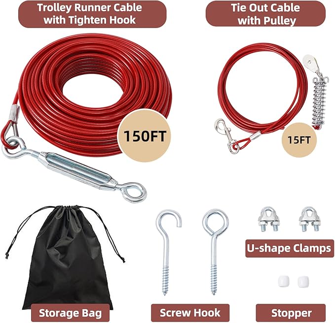 150FT Dog Runner for Yard with 15FT Tie Out Cable - Heavy Duty Trolley System for Large Dogs Up to 250LBS, Backyard/Park/Camping Use (Red, 150FT+15FT)