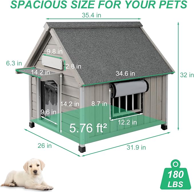 PetsCosset 26" L Outdoor Dog House with Waterproof Asphalt Roof for Small to Medium Dogs,Large Wooden Indoor Dog Kennel with Anti-Chewing Metal,Oxford Cloth Window,Durable Doghouse for 1-2 Dogs