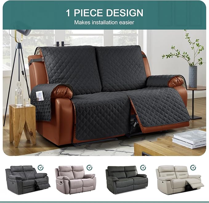 Ruaozz Waterproof Recliner Sofa Cover 1-Piece Couch Covers for Reclining Couches Reclining Sofa Cover Washable Furniture Protector with Elastic Straps Pocket for Kids, Pets (Black, XL 2 Seater)