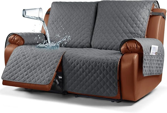 Ruaozz Waterproof Recliner Sofa Cover 1-Piece Couch Covers for Reclining Couches Reclining Sofa Cover Washable Furniture Protector with Elastic Straps Pocket for Kids, Pets (Dark Grey, XL 2 Seater)