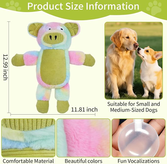 Dog Toys Plush, Squeaky Stuffed Dog Toy, Rainbow Pig Dog Toys for Small Medium Breeds, Soft Dog Plush Toy, Puppy Teething Dog Toy, Interactive Dogs Toy for Indoor Dogs(Green)