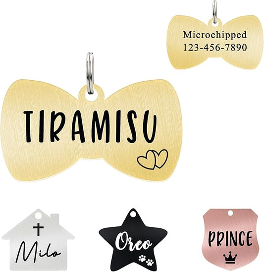 Ultra Joys Cat ID Tag Personalized Pet Tags, Durable Stainless Steel Small Pet Mini Dog Cat Tag Lightweight - Bowtie Tag in Gold