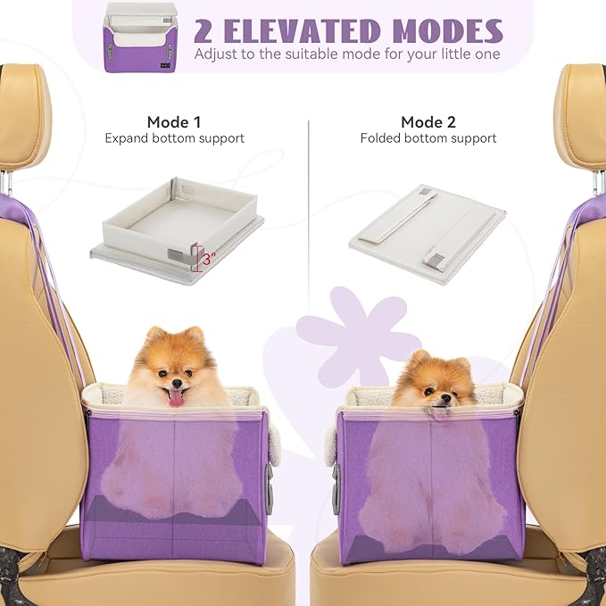 PETSFIT Small Dog Car Seat – Patented Safety Buckles – Safety Tether – Foldable Travel Dog Booster Car Seat Reduces Anxiety & Road Trips – Stable Frame, Soft Cushion, Fits Front/Back Seat (Purple)