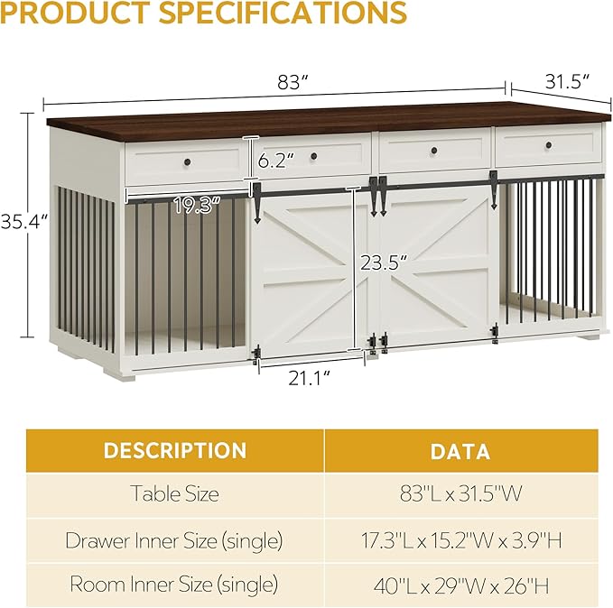 Dog Crate Furniture - Indoor Wooden Dog Kennel Furniture with 4 Drawers & 2 Sliding Barn Doors - for Small Medium Large Dogs - 83" Lx31.5 Wx35.6 H, White