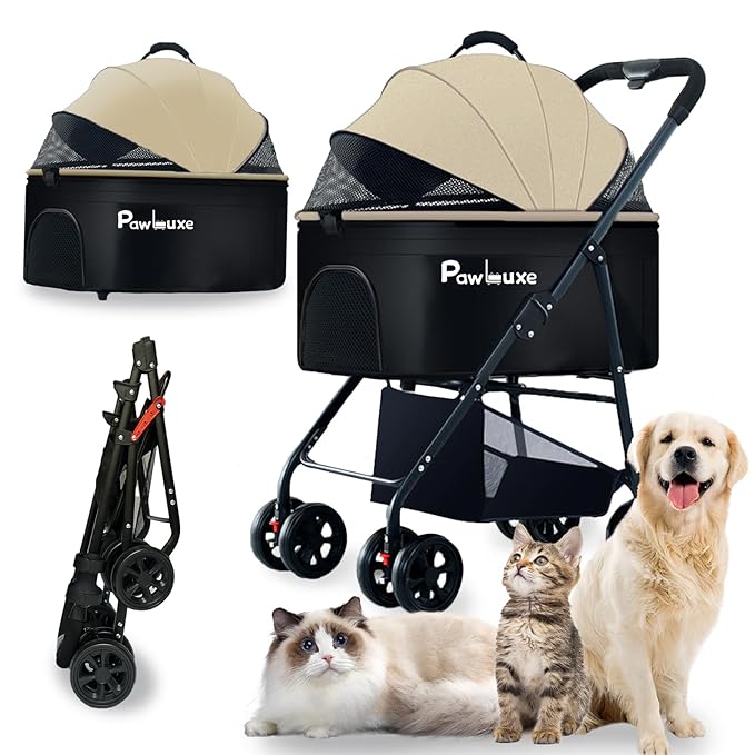4 Wheels Pet Stroller 4 in 1 Pet Stroller with Detachable Carrier for Small & Medium Dogs Cats up to 55 lbs Easy-Folding Travel Dog Wagon with Car Seat Breathable Mesh,Khaki
