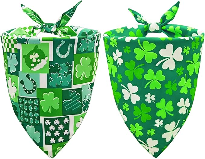 St. Patrick's Day Dog Bandanas, Irish Shamrock Design Scarves, Holiday Costumes, Pet Scarves for Boys and Girls, Dog Outfit Gifts for Medium to Large Dogs (Green, 2PCS)