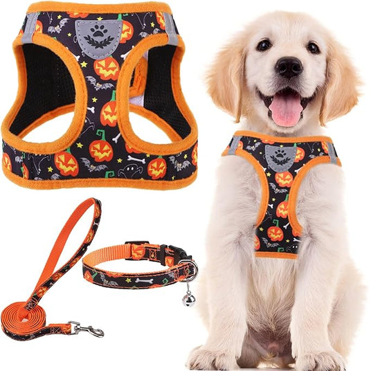 PUPTECK Adjustable Dog Harness Collar and Leash Set Step in No Pull Pet Harness for Small Medium Dogs Puppy and Cats Outdoor Walking Running, Soft Mesh Padded Reflective Vest Harnesses, Halloween, S