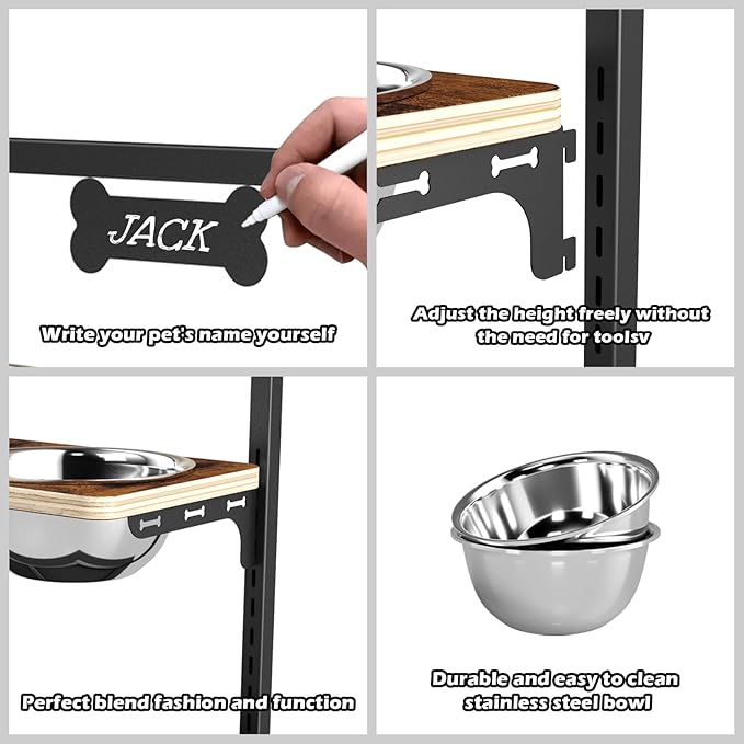 Elevated Dog Bowls with Slow Feeder - 9 Heights Adjustable Raised Dog Bowl Stand with Two 1.7L Stainless Steel Dog Food Bowls & Slow Feeder and a Nonslip Pad, Perfect for Medium Large Breed