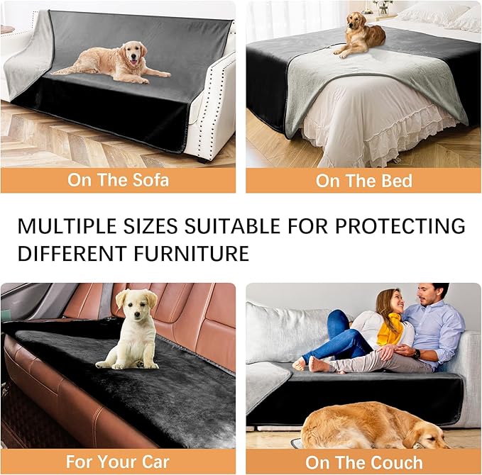 Waterproof Blanket for Bed Protection, Washable Dog Blankets for Couch, Soft Reversible Pet Throw Furniture Protector Cover for Sofa-82"x120",Black+Lightgrey