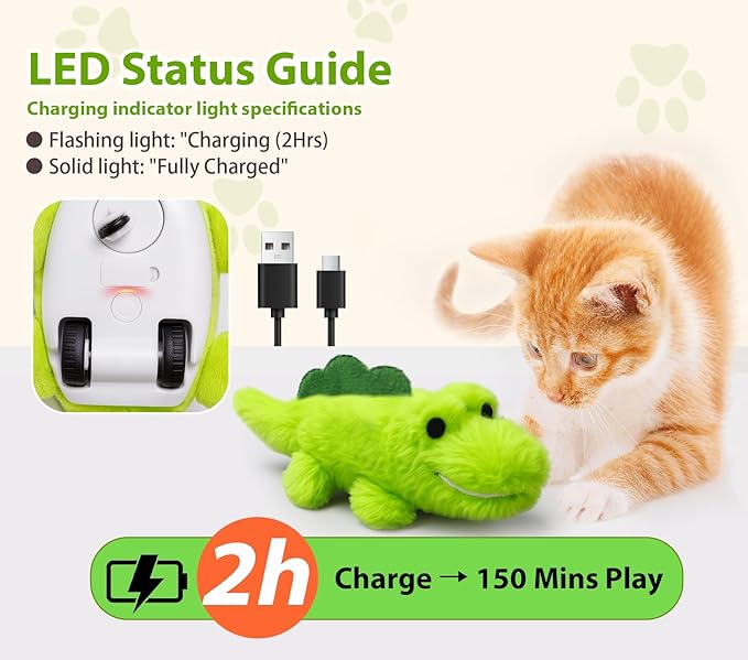 Interactive Cat Toys for Indoor Cats - Self-Charging Croc Chase Toy with 360° Motion, Wagging Tail & Catnip, Automatic Exercise Toy for Bored Kittens/Adults(Long Plush)