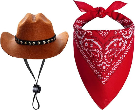 Pet Cowboy Costume Halloween Costumes for Small Pet Dogs Cat Cowboy Hat with Bandana Scarf Set Party Accessories(Brown, Small)