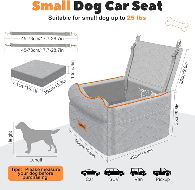 Small Dog Car Seat, Waterproof Dog Booster Seat with Thick Cushion & Safety Leash, Removable Car Back Seat Bed for 1 Small Dogs Under 25lbs, Pet Car Seat for Travel, Gray