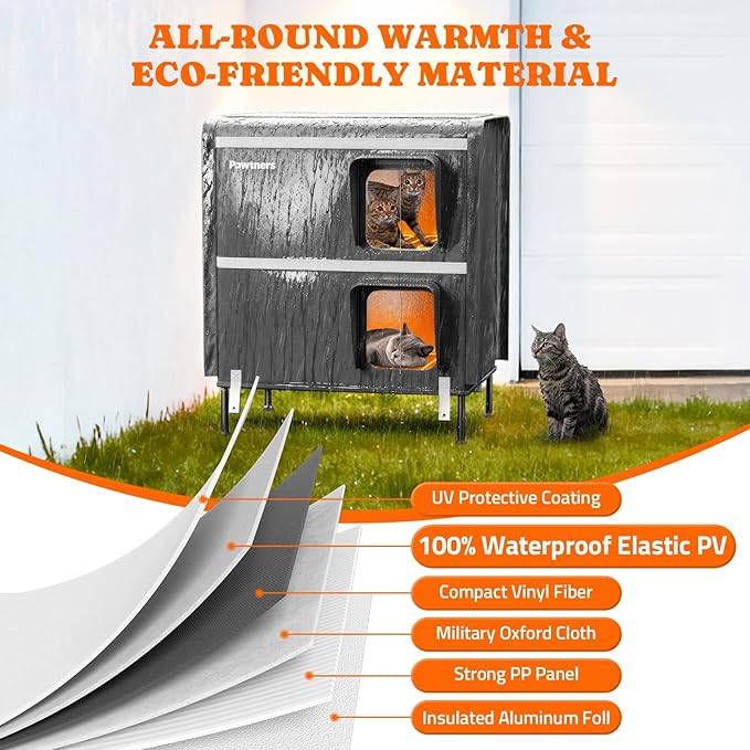 Pawtners Heated Outdoor Cat House for Outside Cats, 26'' XXL 2-Story Insulated Weatherproof Cat Shelter with Heated Pad, Elevated Feet & Escape Door, Warm Kitty House for Feral or Stray Cats in Winter