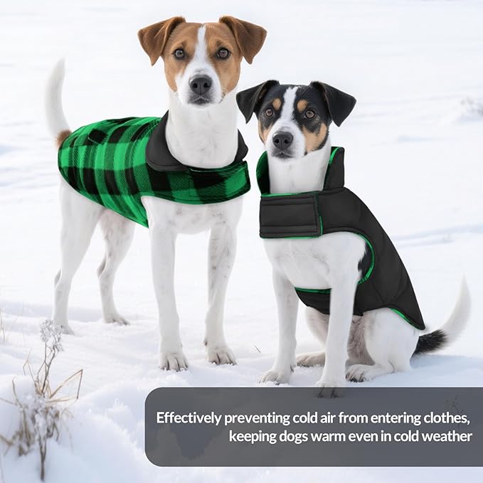 ASENKU Dog Winter Coat, Fleece Doggie Jacket Plaid Reversible Vest Waterproof Windproof Cold Weather Clothes for Small Medium Large Dogs (S, Green)