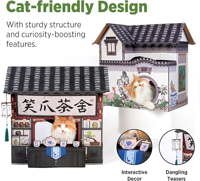 SMILE PAWS Cat Beds for Indoor Cats, Cardboard House with Scratchers, Tea House, Large Sturdy Cat Furniture Condo Cave Tent, Easy to Assemble Pet Toys Accessories Stuffs, Bunny Small Animals