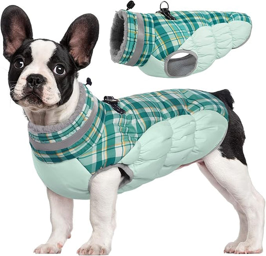 FUAMEY Dog Coat for Small Dogs,Waterproof Dog Winter Jacket with Harness Built in Puppy Cold Weather Coats Reflective Pet Vest with Zipper Warm Fleece Dogs Snowsuit Windproof Green Plaid XS