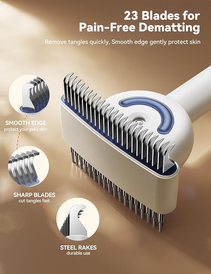 Dog Brush for Shedding, Dual-Sided Dematting and Deshedding Dog Brush with 2 Spray Levels Steam Brush, Detangling Rake for Long-Hair Dogs and Cats, for Medium-Thick Coats Prone to Tangles & Shedding