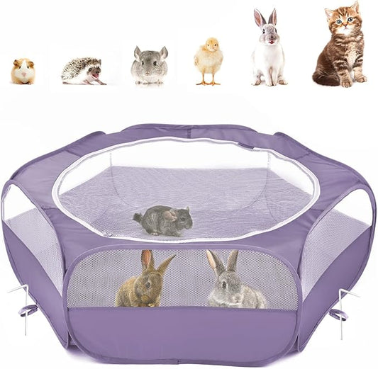 Pawaboo Small Animals Playpen, Waterproof Small Pet Cage Tent with Zippered Cover, Portable Outdoor Yard Fence with 3 Metal Rod for Chick/Kitten/Puppy/Guinea Pig/Rabbits/Hamster/Chinchillas, Purple
