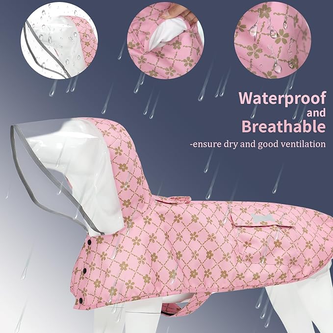Waterproof Dog Raincoat, Adjustable Reflective Lightweight Pet Rain Clothes with Poncho Hood (Gold Cheery Blossoms Pink, Small)