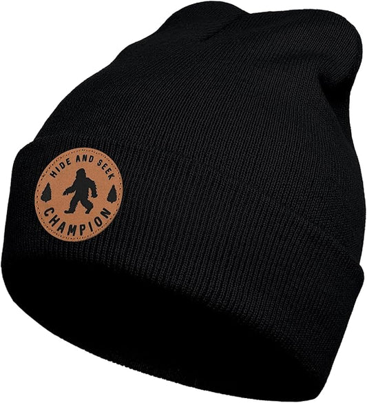 Big Foot Beanie Hat, Sasquatch Leather Patch Winter Knit Skull Cap Bigfoot Gifts for Adult Men Women