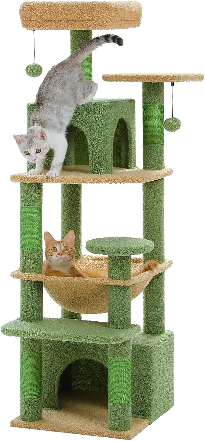 PAWZ Road Cat Tree, 53.5 Inches Tall Cat Tower with Spacious Hammocks, Condos and Scratching Posts, Cat House with Dual Padded Perches for Indoor Large Cats-Green