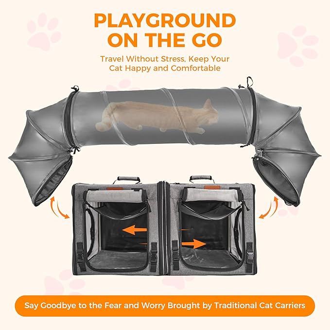 PETUX 2-in-1 Double Cat Carrier for Multiple Cats - 34"x17"x17", Portable, Foldable, Large Cat Travel Carrier with Litter Box, Play Tunnels and Hammock for Car Travel ＆ Vet Visit - Grey