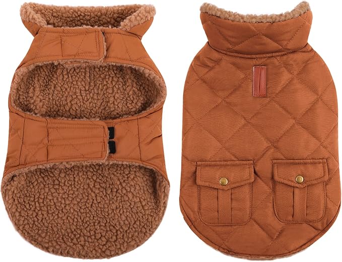 Queenmore Warm Dog Coat, Cold Weather Puffer Jacket with Ultra Thick Plush Lining and Storage Pockets (Brown, Large)