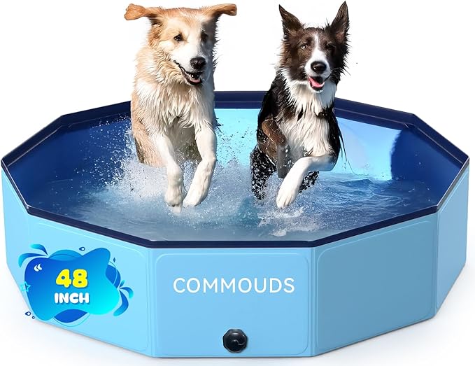 COMMOUDS Foldable Dog Pool, Collapsible Hard Plastic Dog Kiddie Swimming Pool, Portable Pet Bath Tub Wading Pools for Kids and Puppy Small Medium Large Dogs (48inch.D x 12inch.H)