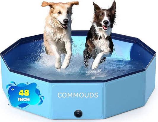 COMMOUDS Foldable Dog Pool, Collapsible Hard Plastic Dog Kiddie Swimming Pool, Portable Pet Bath Tub Wading Pools for Kids and Puppy Small Medium Large Dogs (48inch.D x 12inch.H)
