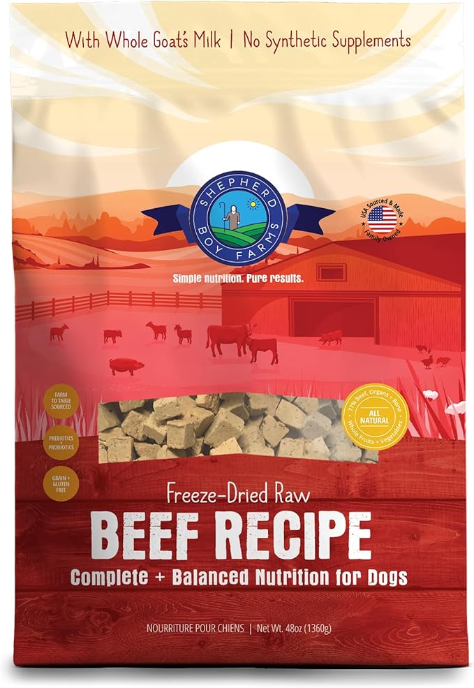 Shepherd Boy Farms Freeze Dried Raw Dog Food, Beef Recipe, All Natural, No Synthetics, Made in USA with Goat's Milk & Organic Produce, High Protein, Complete Meal (48oz)