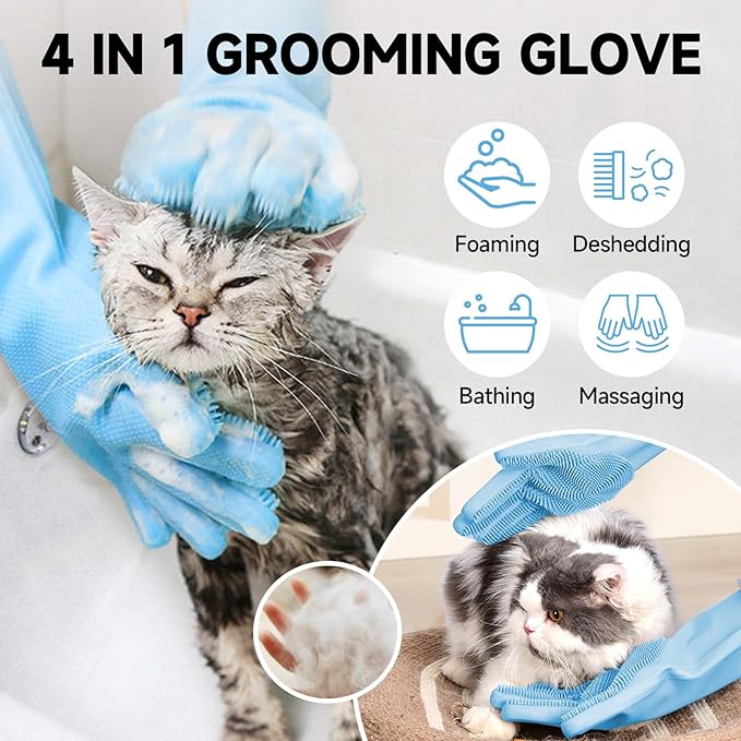 Dog Washing Gloves - Quick Drying Dog Towel,Cat Bath Grooming Gloves Brush with High-Density Teeth for Bathing Massaging，Absorbent Pet Bath Towel 30.3"x13.8" with Hand Pocket for Dog Cat Blue