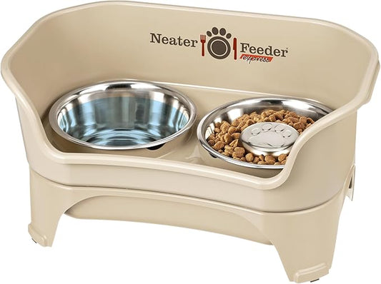 Neater Feeder - Express Model w/ Slow Feed Bowl - Mess-Proof Dog Bowls (M/L, Almond) Made in USA – Elevated, No Spill, Non-Tip, Non-Slip, Raised Stainless Steel Food/Water Pet Bowls Aid Digestion