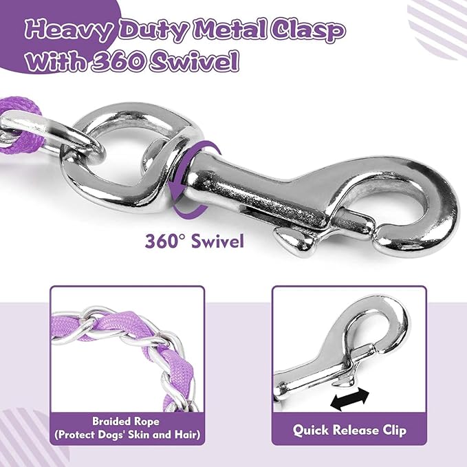 Heavy Duty Metal Dog Leash, Chew Proof Dog Chain Leash with Comfortable PU Leather Padded Handle, Metal Chain and Nylon Rope Leash for Medium Large Pooch Walking Training (6ft 3.0mm Purple)