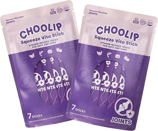 Choolip Squeeze Vita Stick Lickable Cat & Dog Treats – 14 Sticks (2×7 Value Bundle) Joint Support, Creamy Grain-Free Puree with MSM, Green-Lipped Mussel & Vitamin E for Mobility & Cartilage Health