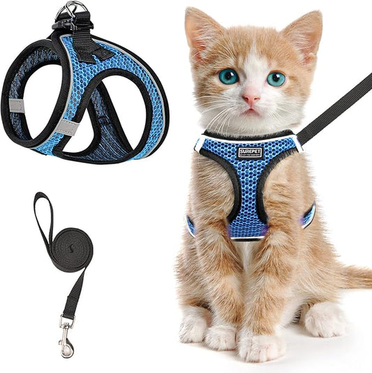 Cat Harness and Leash for Walking Escape Proof, Adjustable Kitten Vest Harness Reflective Soft Mesh Puppy Harness for Outdoor, Comfort Fit, Easy to Control (Blue, L)