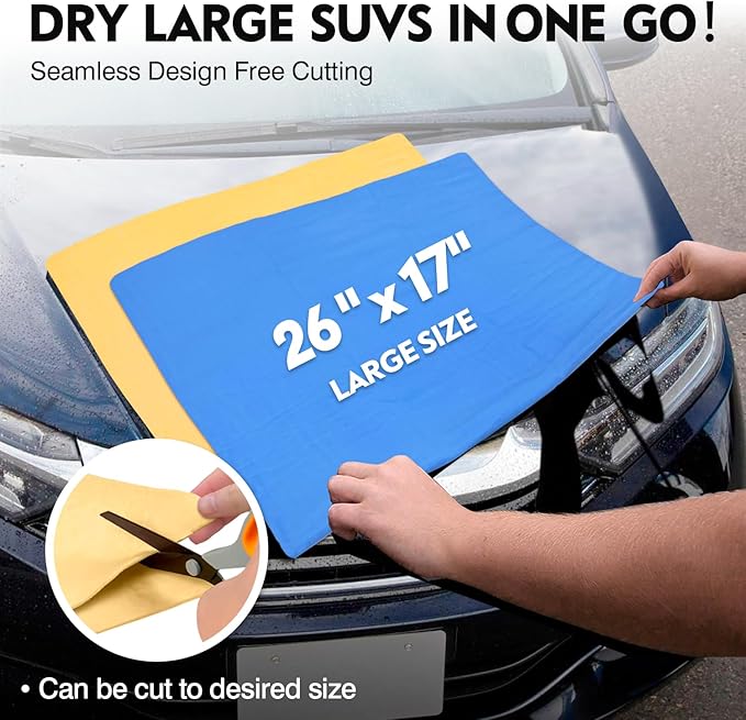 Premium Shammy Towel for Car Drying 2pk (26”x17”)-Super Absorbent Chamois Towel-Reusable shamies Towels for Cars, Bathroom,Pets, Dust Remove, No Spots/Streak/Scratch, Large, Yellow&Blue