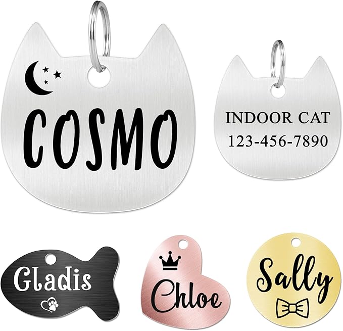 Ultra Joys Cat ID Tag Personalized Pet Tags, Durable Stainless Steel Small Pet Mini Dog Cat Tag Lightweight - Cathead Tag in Silver