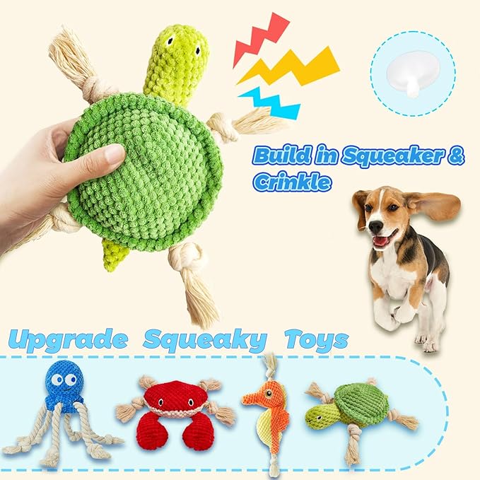 4-Pack Squeaky Dog Toys Set Sea Crinkle Plush Toy Rope Toys for Dogs Tug of War Toy & Oral Care Puppy Toys for Small Medium Large Dogs to Keep Them Busy: Stuffed Octopus, Crab,Seahorse,Turtle Pet Toys