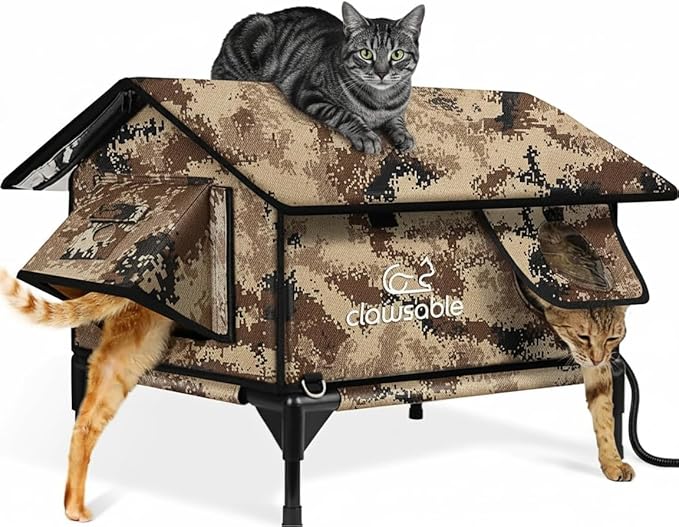 Indestructible Gable Roof Heated Cat House for Outside Winter, 100% Waterproof, Safe Escape Door, Insulated Outdoor Cat Shelter with Heater for Feral Barn Cat Kitty (Desert Camouflage, 24.5"x16"x19")