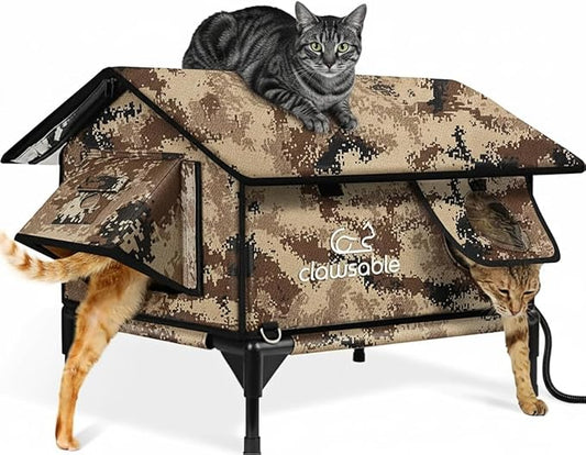 Indestructible Gable Roof Heated Cat House for Outside Winter, 100% Waterproof, Safe Escape Door, Insulated Outdoor Cat Shelter with Heater for Feral Barn Cat Kitty (Desert Camouflage, 24.5"x16"x19")
