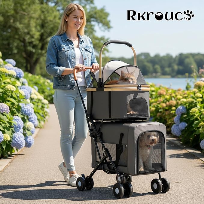 Foldable Double Pets Stroller for Dog Portable Cat Strollers for Small Medium Pet with Detachable Carriers Flexible Lockable Wheels Lightweight Dogs Jogger Strolling Cart Up to 77Lbs (Black)