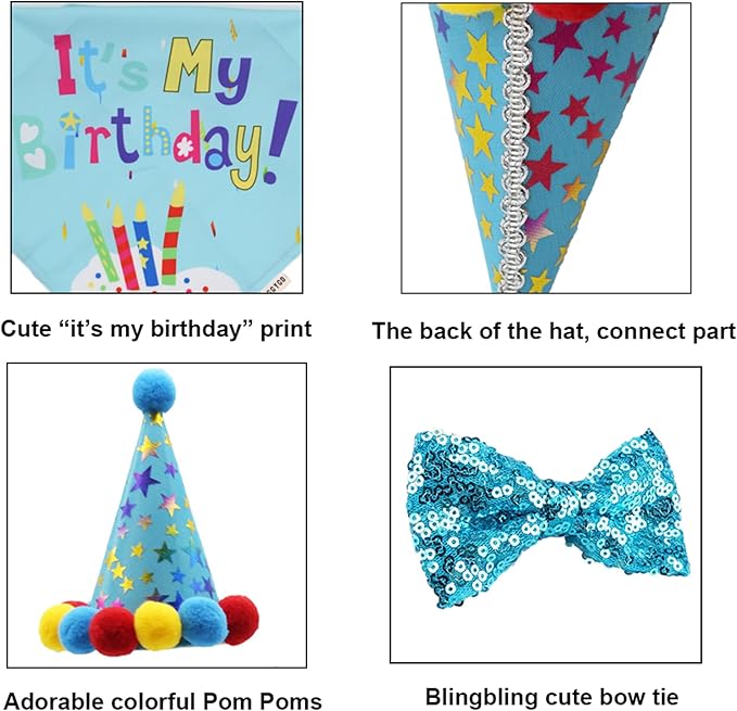 ADOGGYGO Dog Birthday Bandana Scarf and Blue Boy Puppy Birthday Party Hat with Cute Bow Tie for Small Dog Cat (Small)