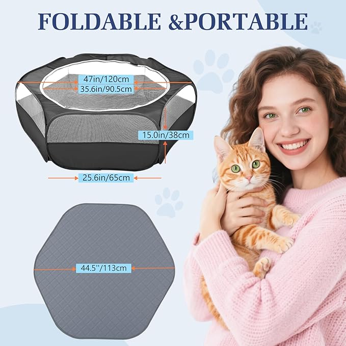 2-in-1 Small Animals Playpen with Pad, Waterproof Small Pet Cage Tent with Reusable Pad, Portable Outdoor Yard Fence with 3 Metal Rod for Chick/Kitten/Puppy/Guinea Pig/Rabbits/Chinchillas, Black