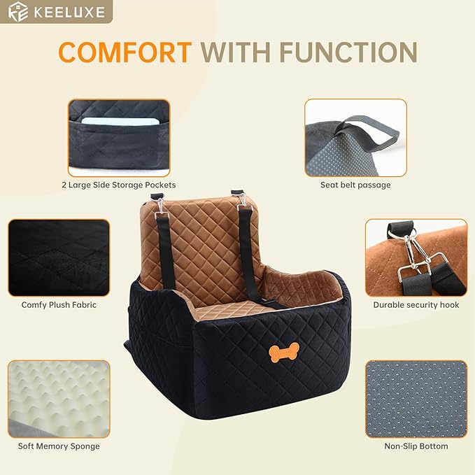 Dog Car Seat for Small Dogs, Dog Booster Seat Filling in Thick Memory Foam with 2 Safety Leashes and Storage Pocket, Suitable for Pet Under 30lb or 2 Puppies (Brown/Black)