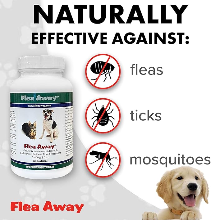 Flea Away All Natural Supplement for Fleas, Ticks, and Mosquitos Prevention for Dogs and Cats, 100 Chewable Treat Tablets, 2 Pack