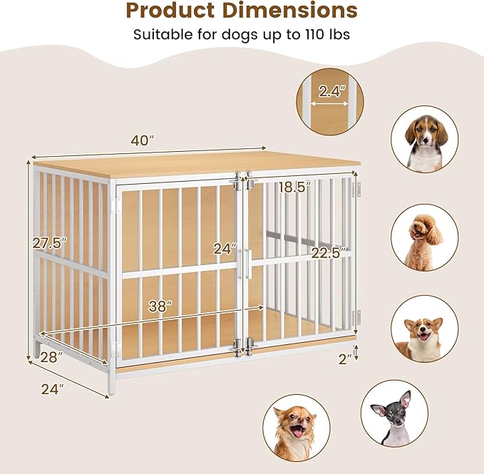 PETSITE 40 Inch Modern Dog Crate Furniture, Heavy Duty Wooden Dog Kennel with Double Lockable Doors, Decorative Dog Cage End Side Table for Small and Medium Sized Dogs (Natural)
